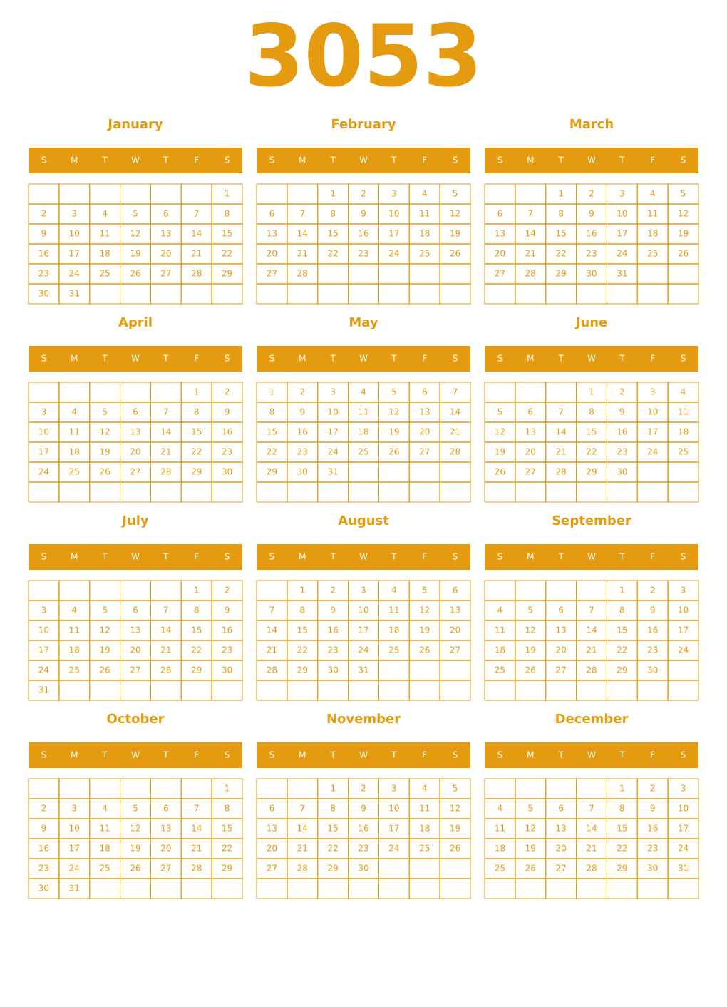 Printable 3053 Year Calendars gamboge