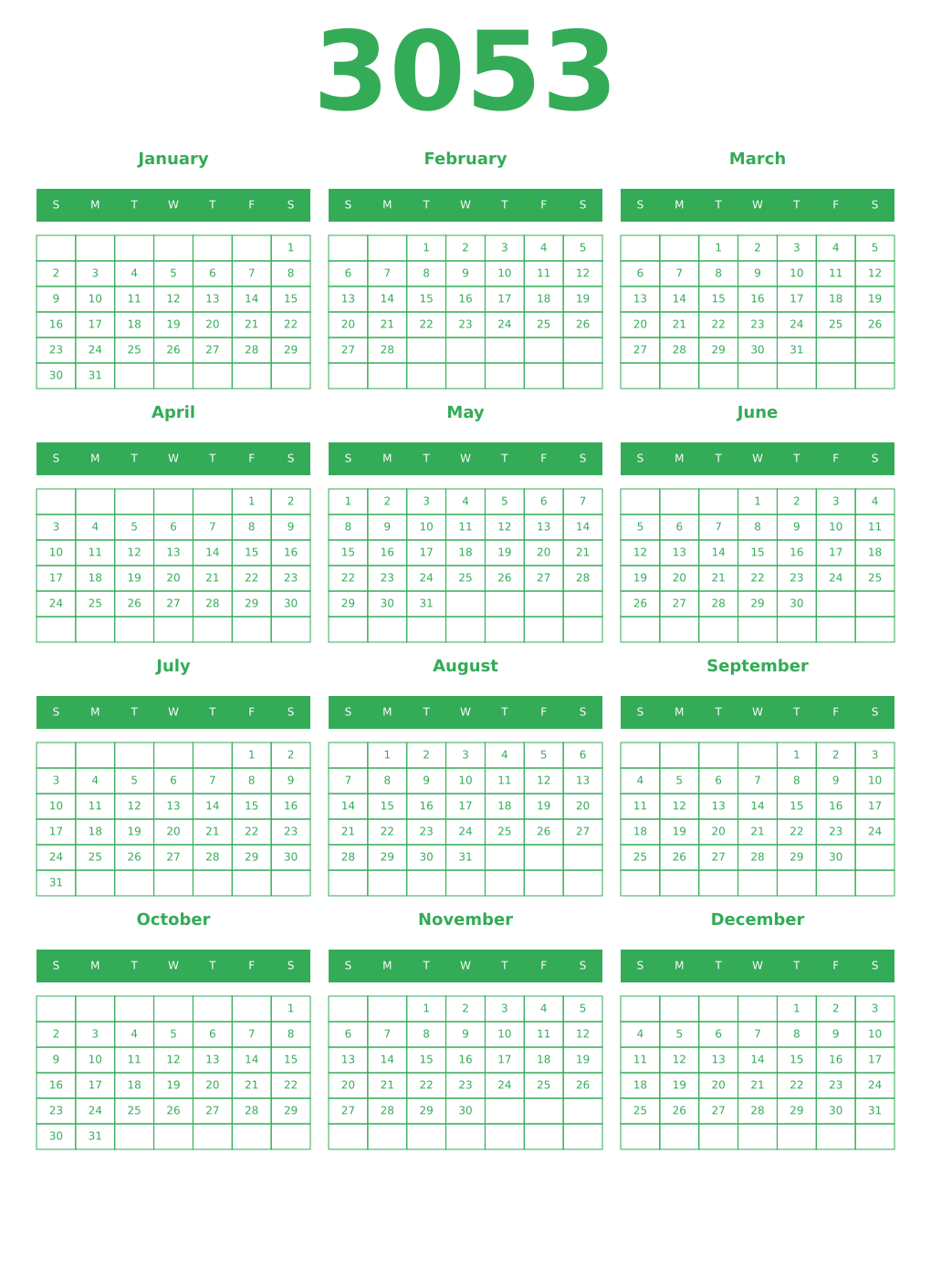 Printable 3053 Year Calendars green