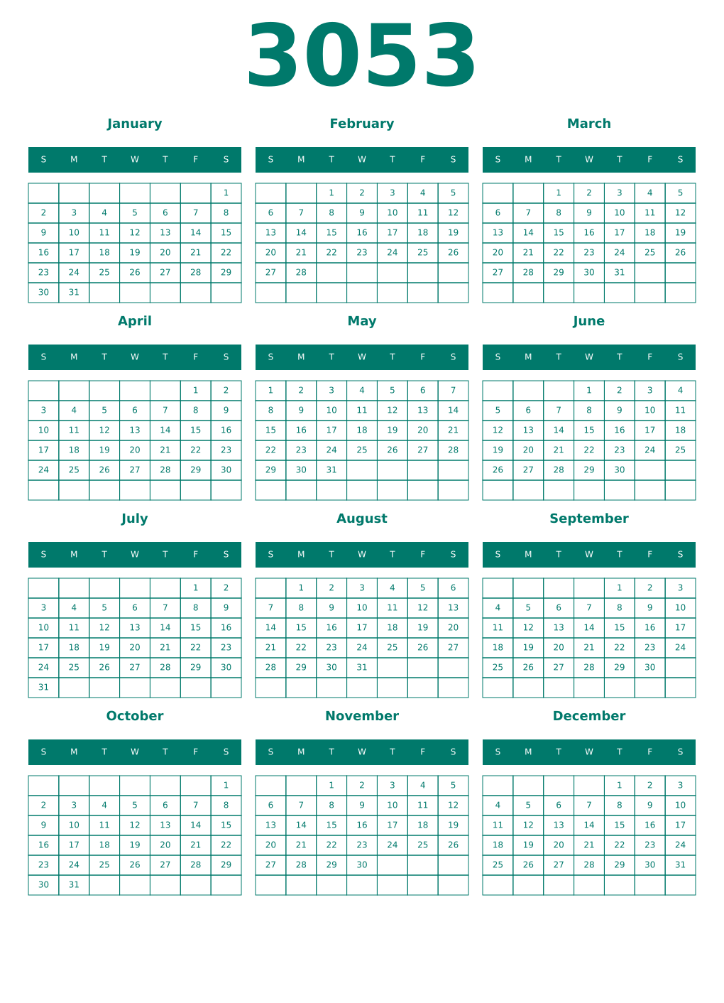 Printable 3053 Year Calendars pastel