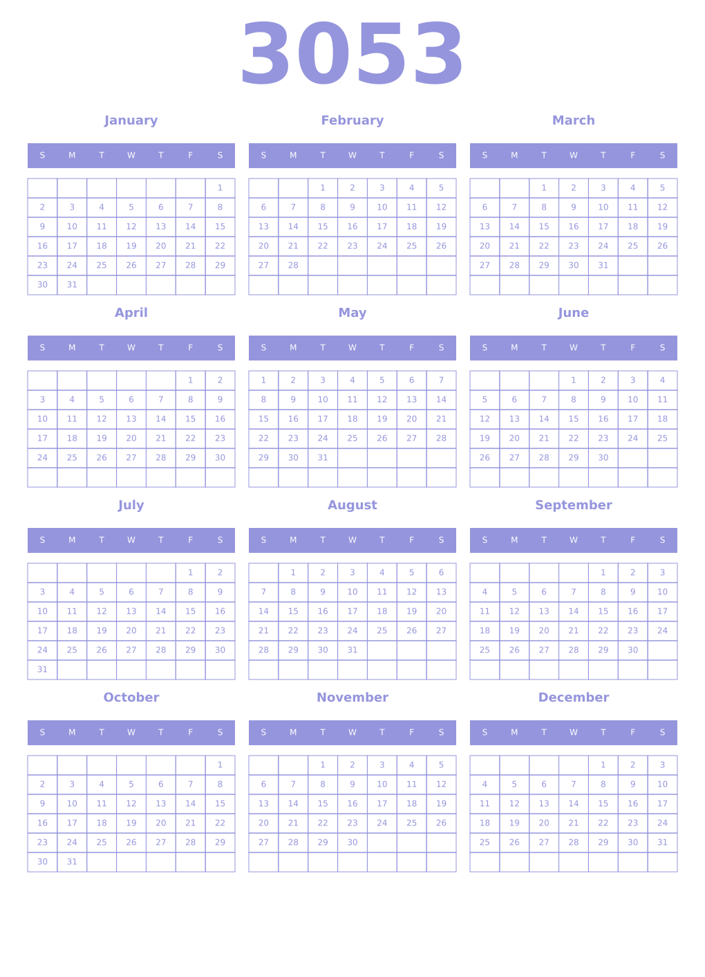 Printable 3053 Year Calendars periwinkle