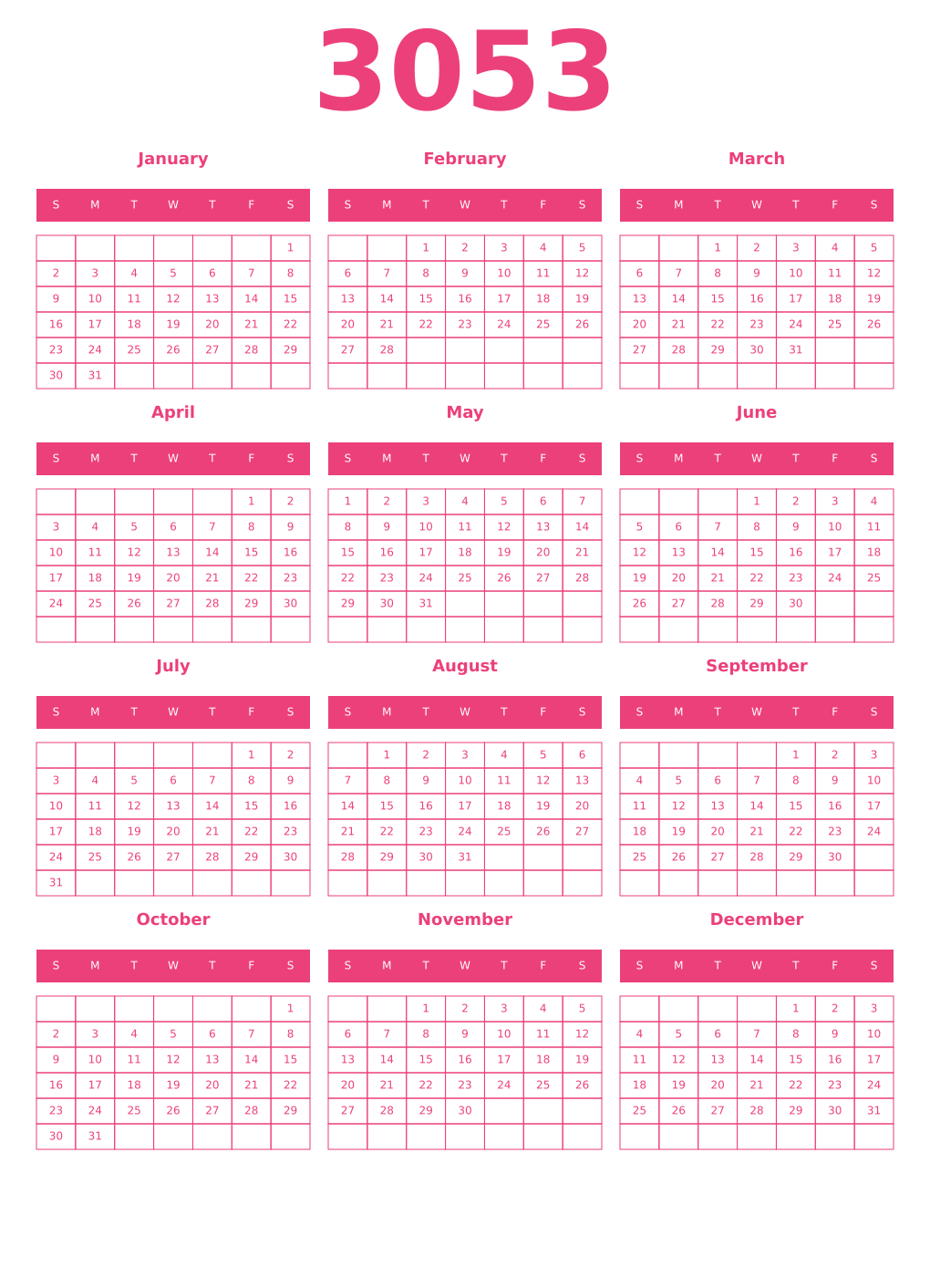 Printable 3053 Year Calendars pink