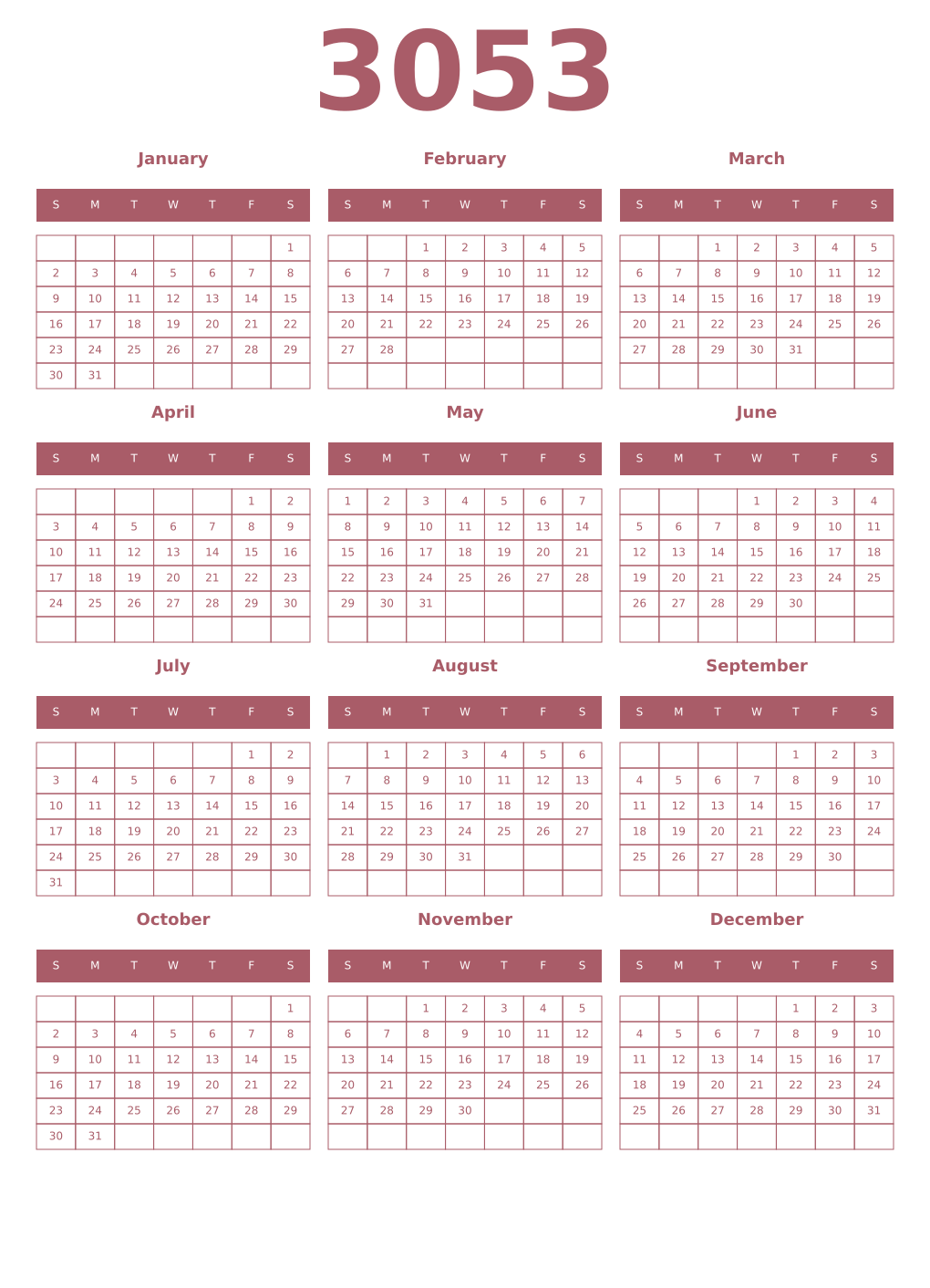 Printable 3053 Year Calendars puce