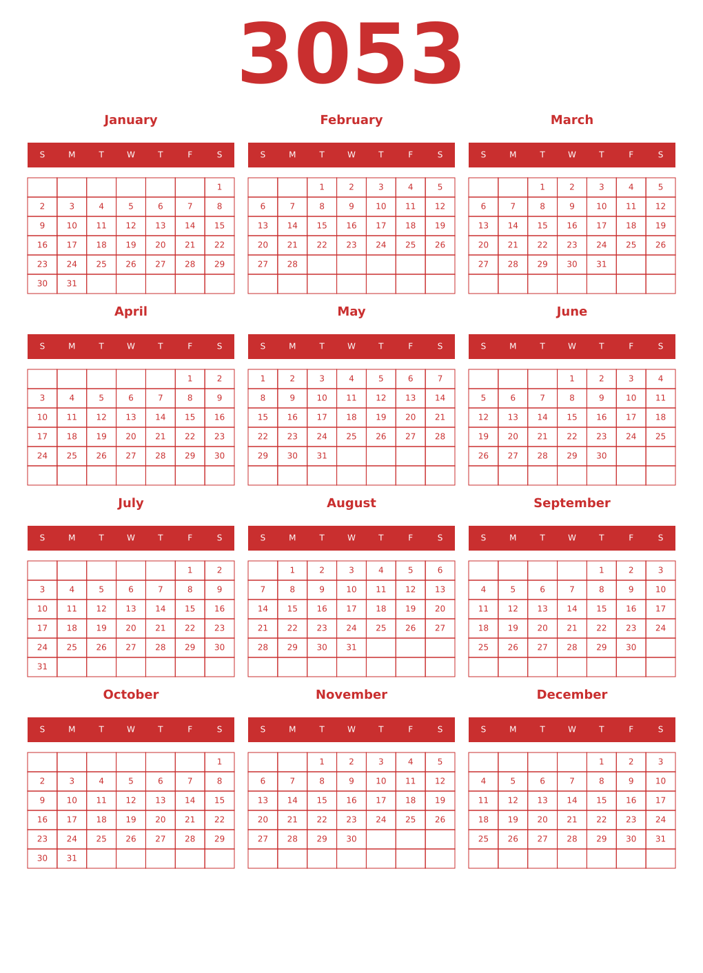 Printable 3053 Year Calendars red