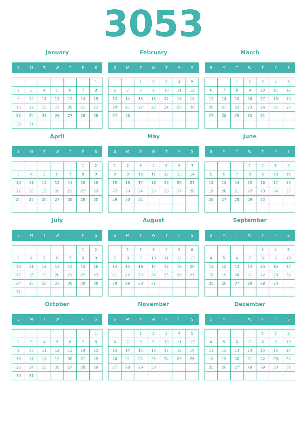 Printable 3053 Year Calendars verdigris