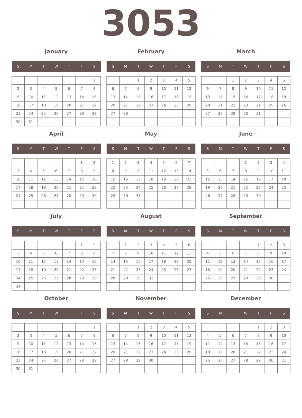 Printable 3053 Year Calendars wenge
