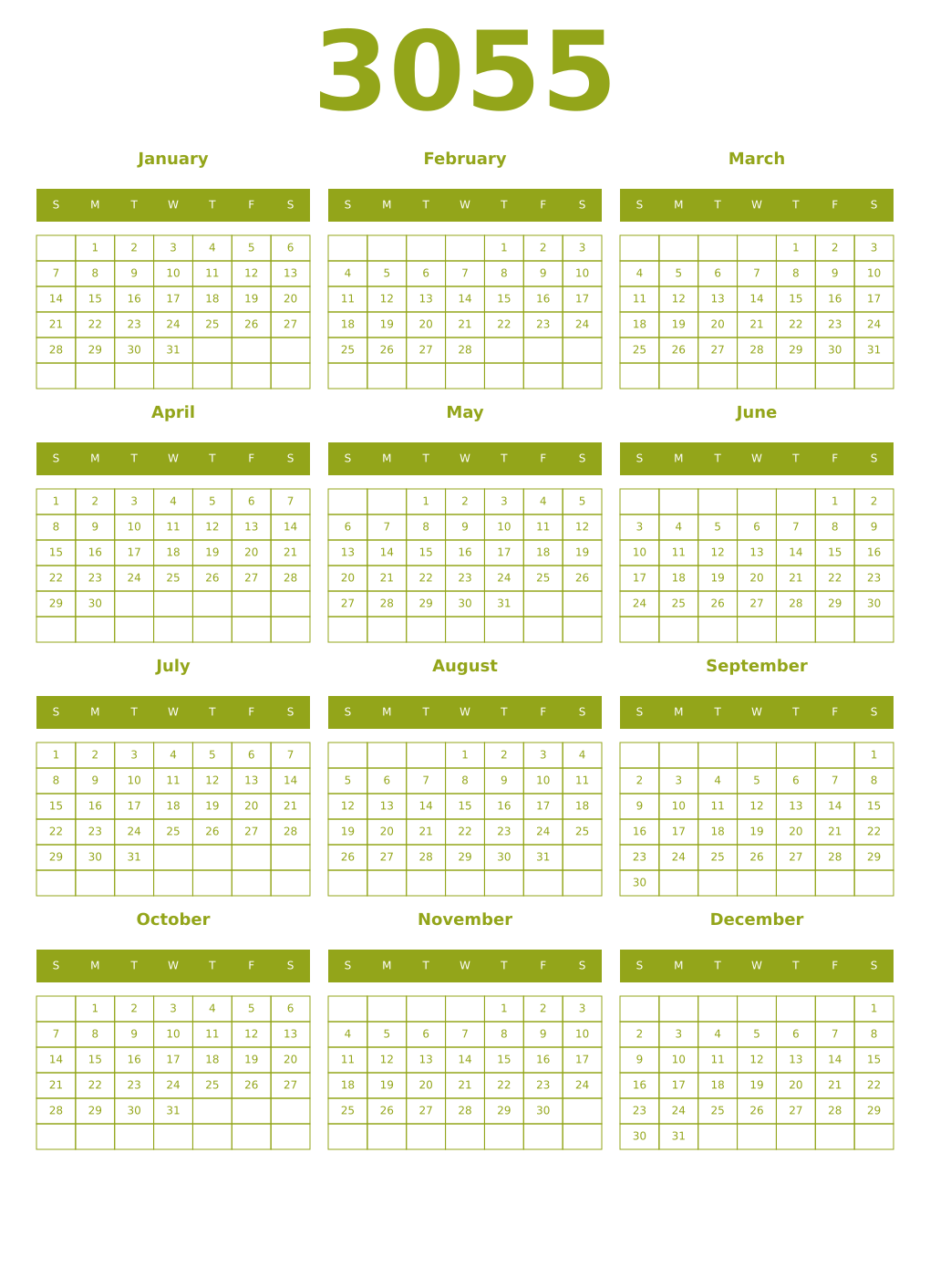 Printable 3055 Year Calendars chartreuse