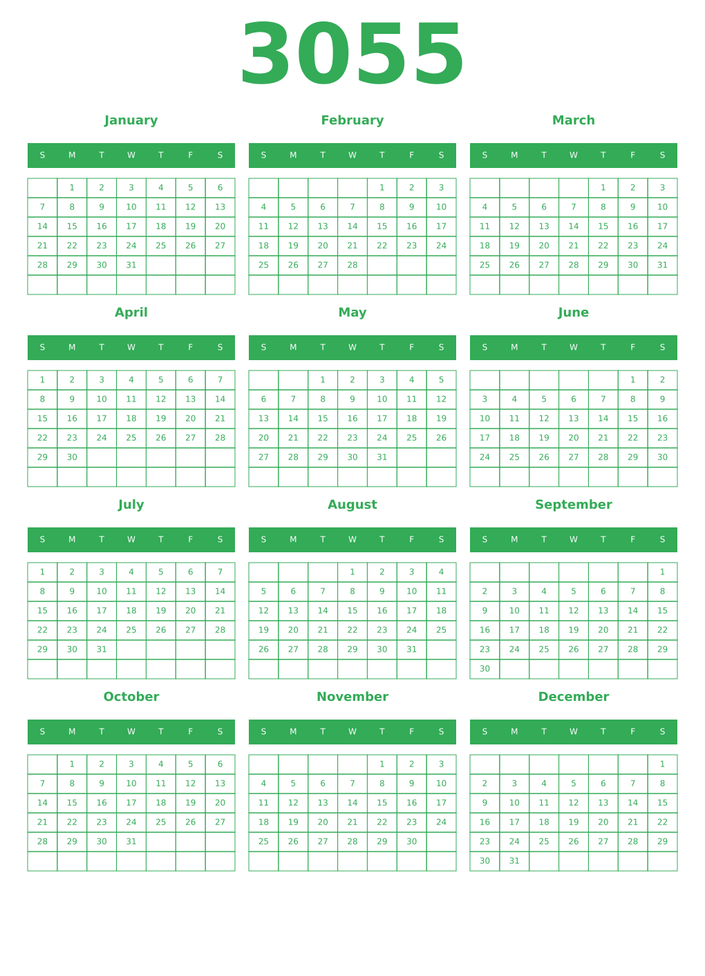 Printable 3055 Year Calendars green