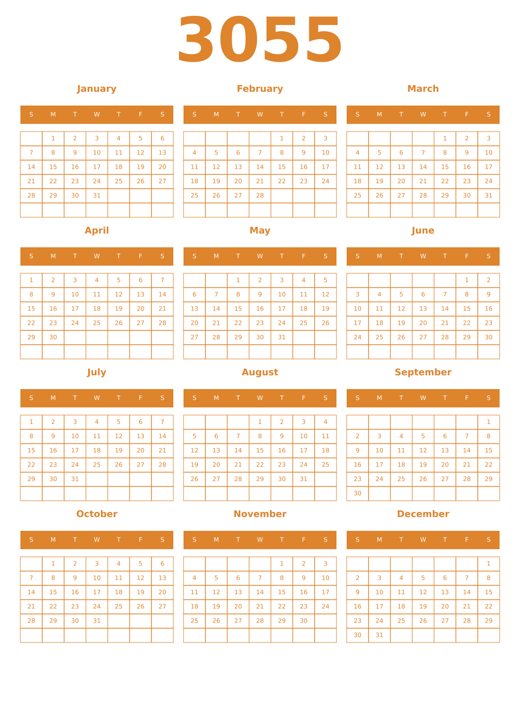 Printable 3055 Year Calendars orange