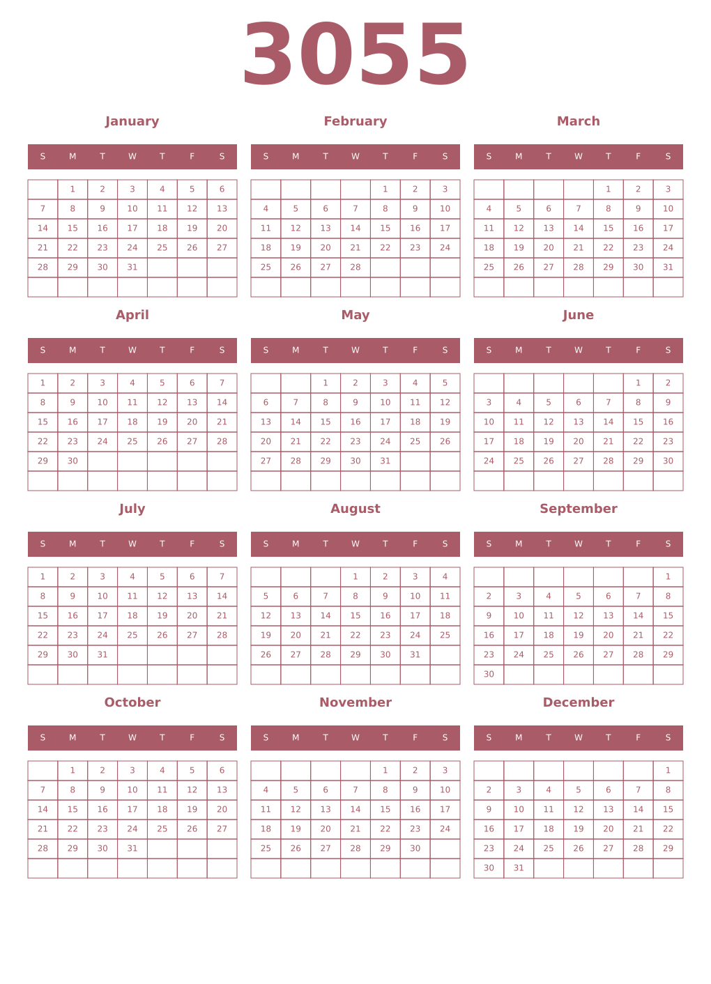 Printable 3055 Year Calendars puce