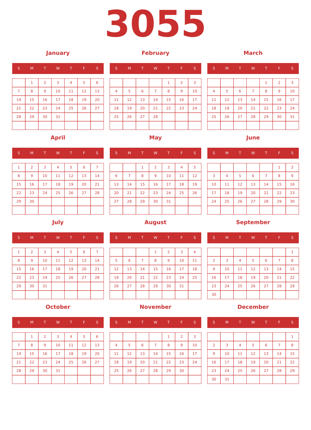 Printable 3055 Year Calendars red