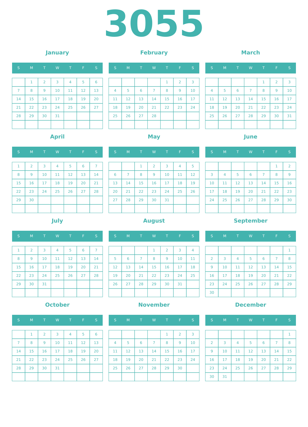Printable 3055 Year Calendars verdigris
