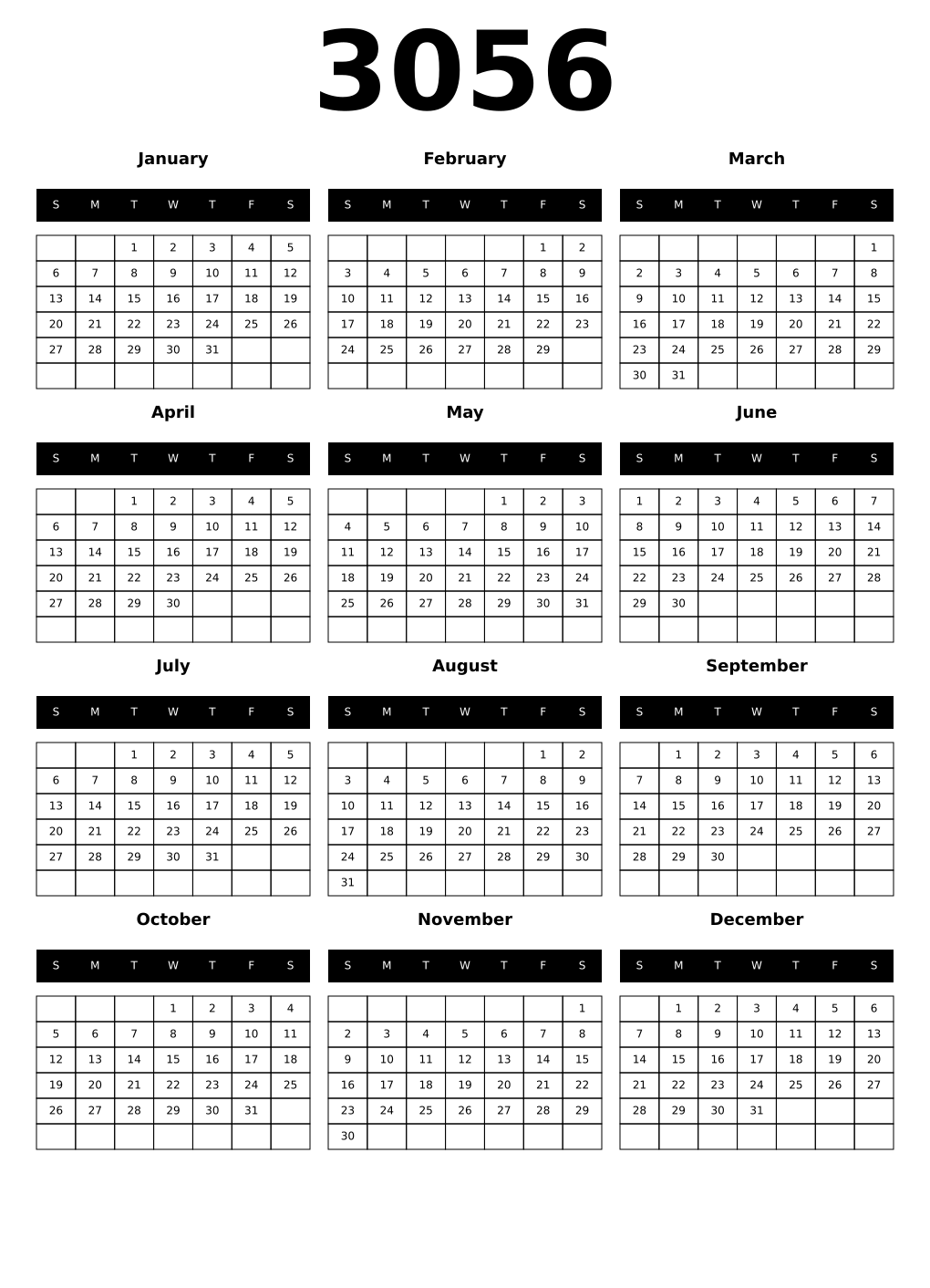 Printable 3056 Year Calendars black