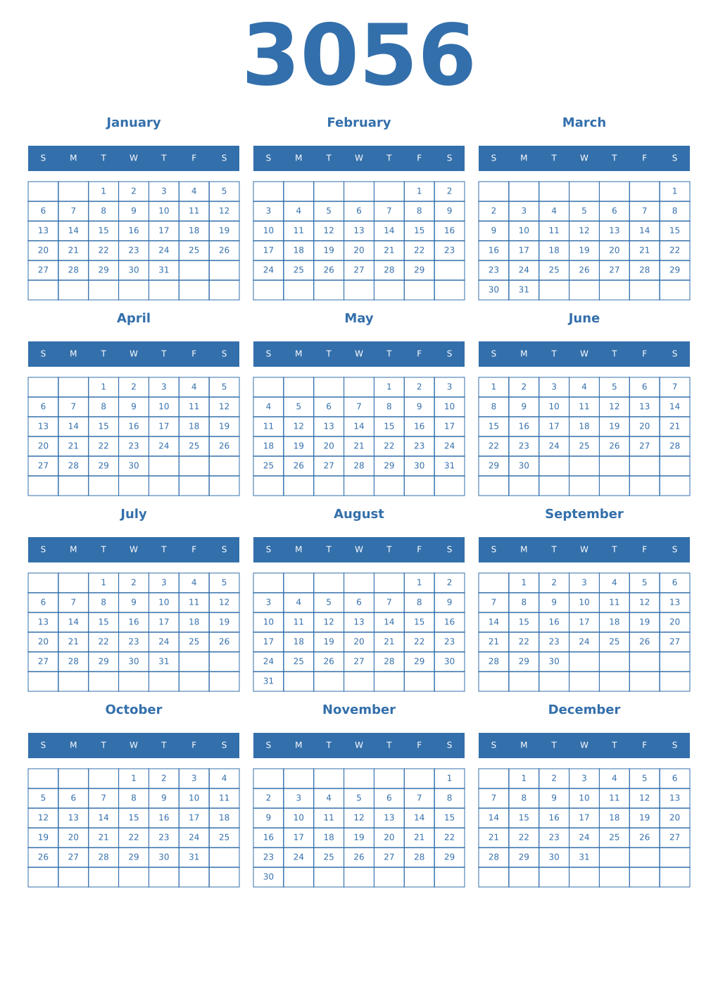 Printable 3056 Year Calendars blue