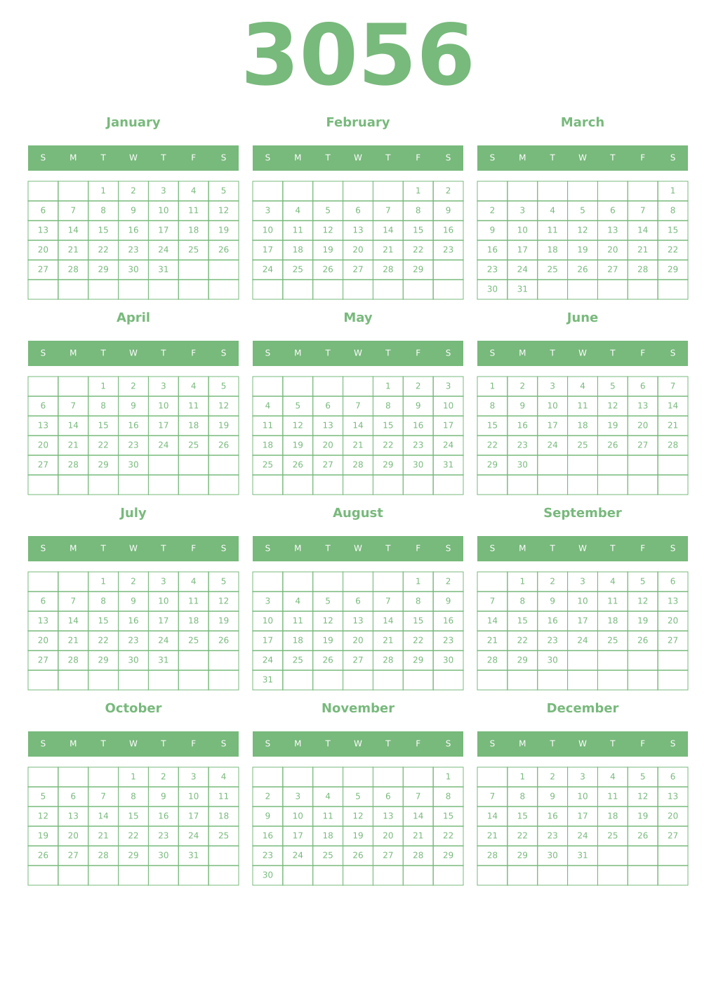 Printable 3056 Year Calendars celadon
