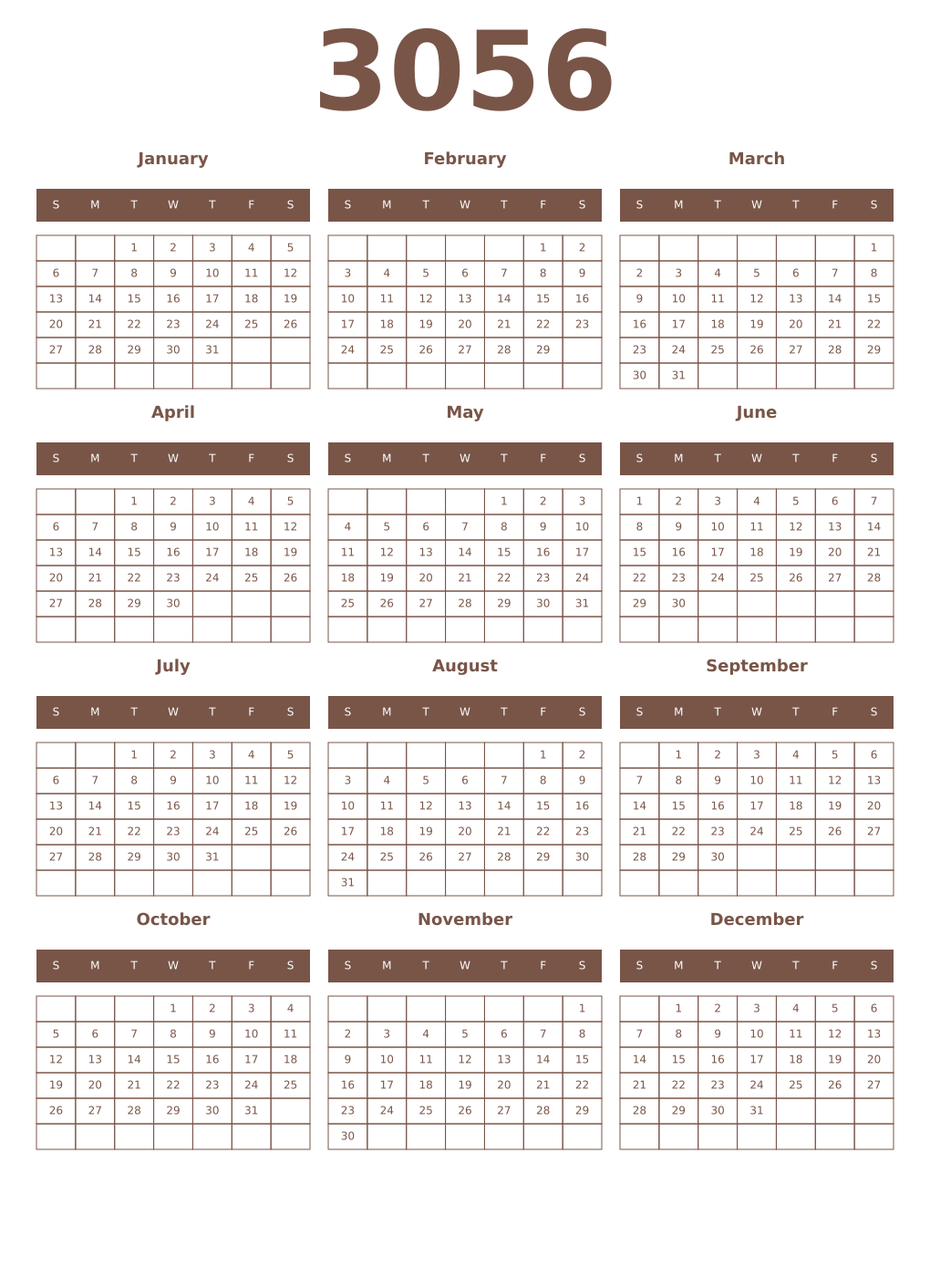 Printable 3056 Year Calendars coffe