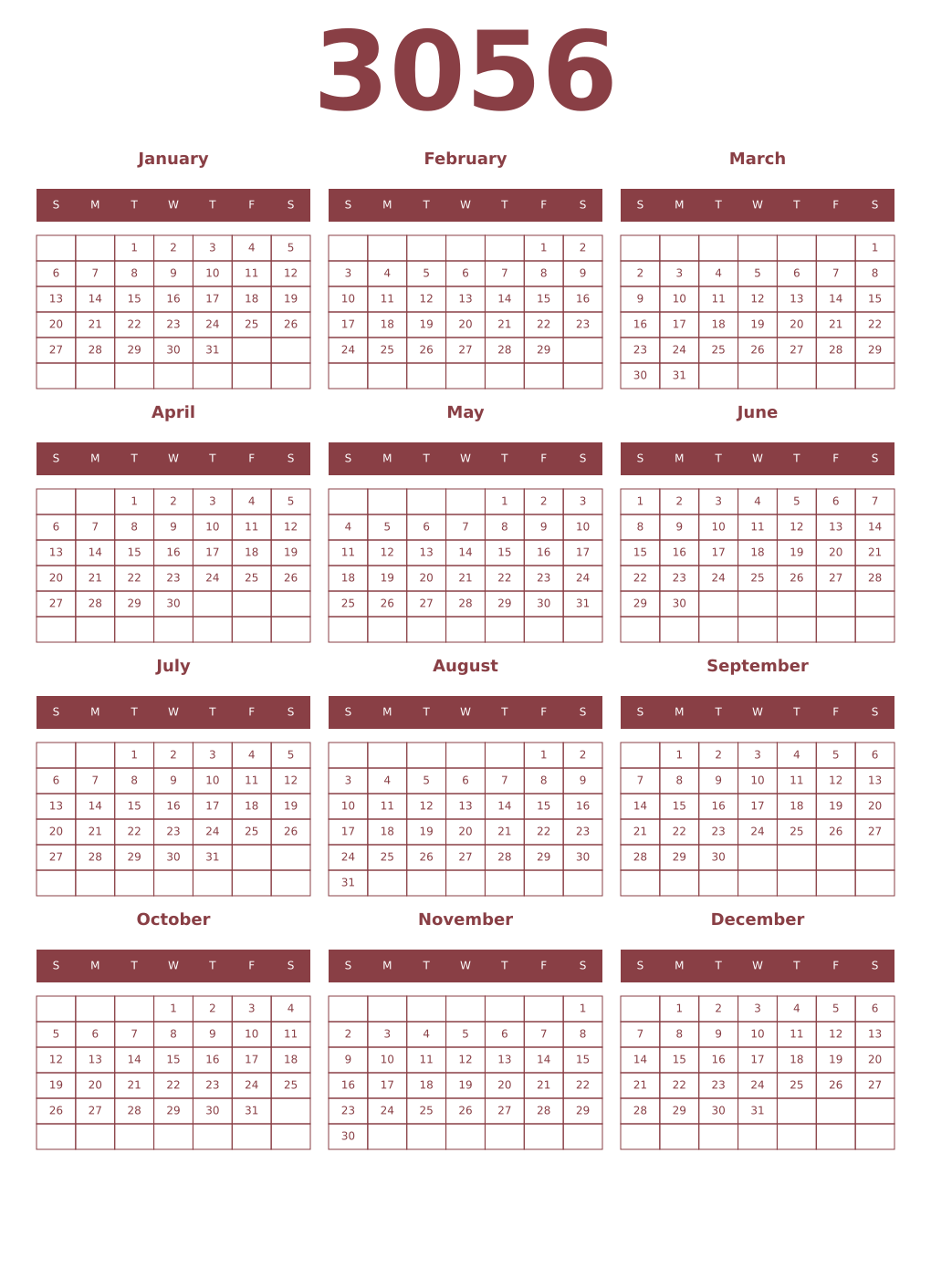 Printable 3056 Year Calendars cordovan