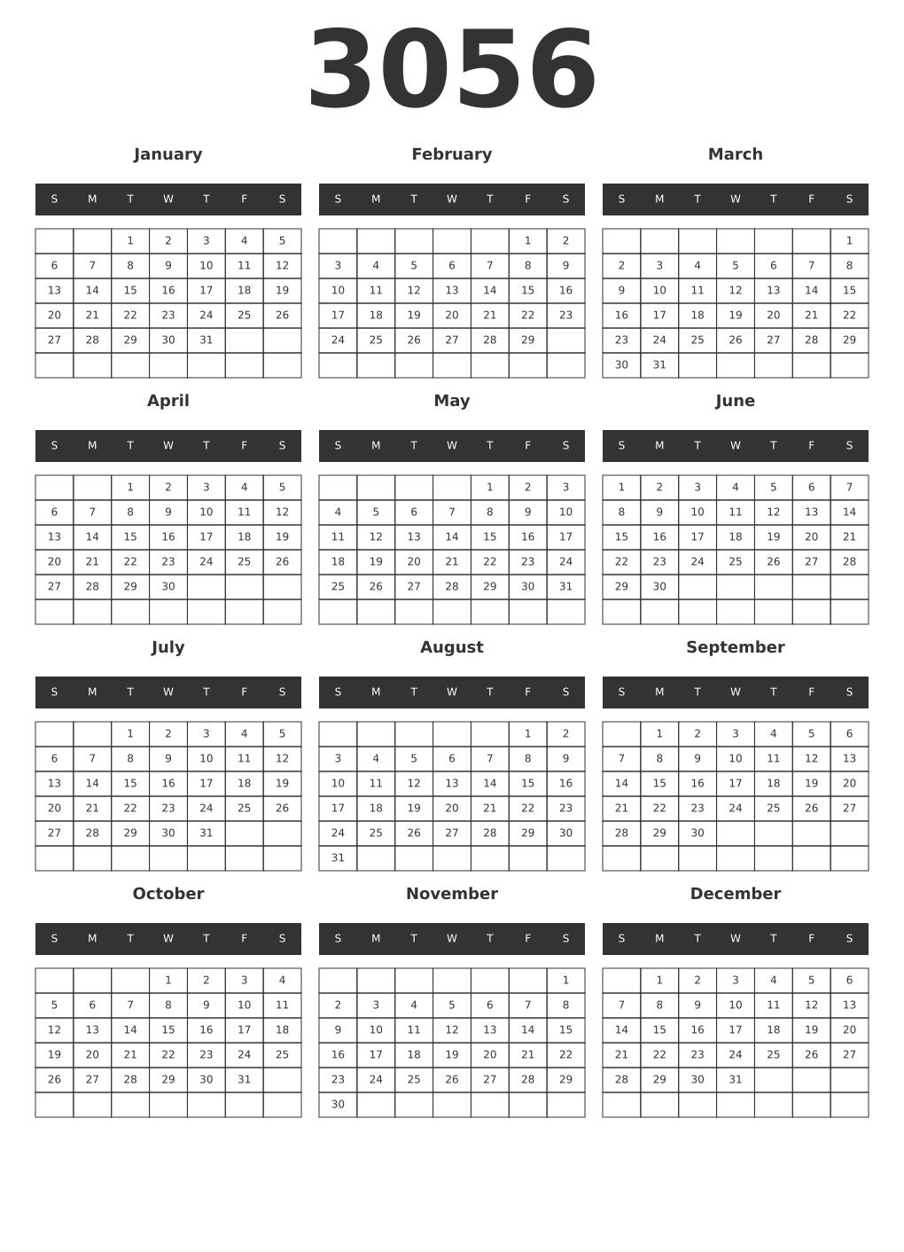 Printable 3056 Year Calendars dark