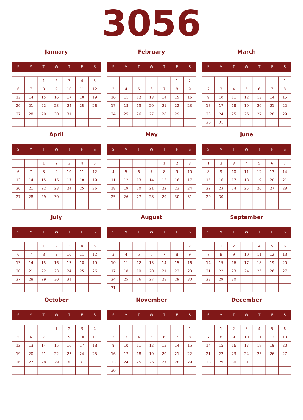 Printable 3056 Year Calendars falu