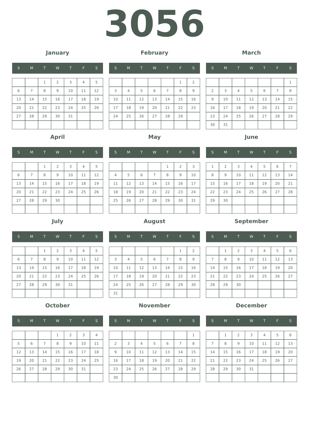 Printable 3056 Year Calendars feldgrau