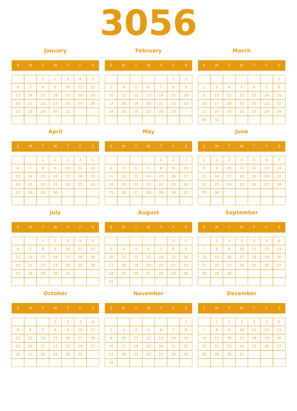 Printable 3056 Year Calendars gamboge