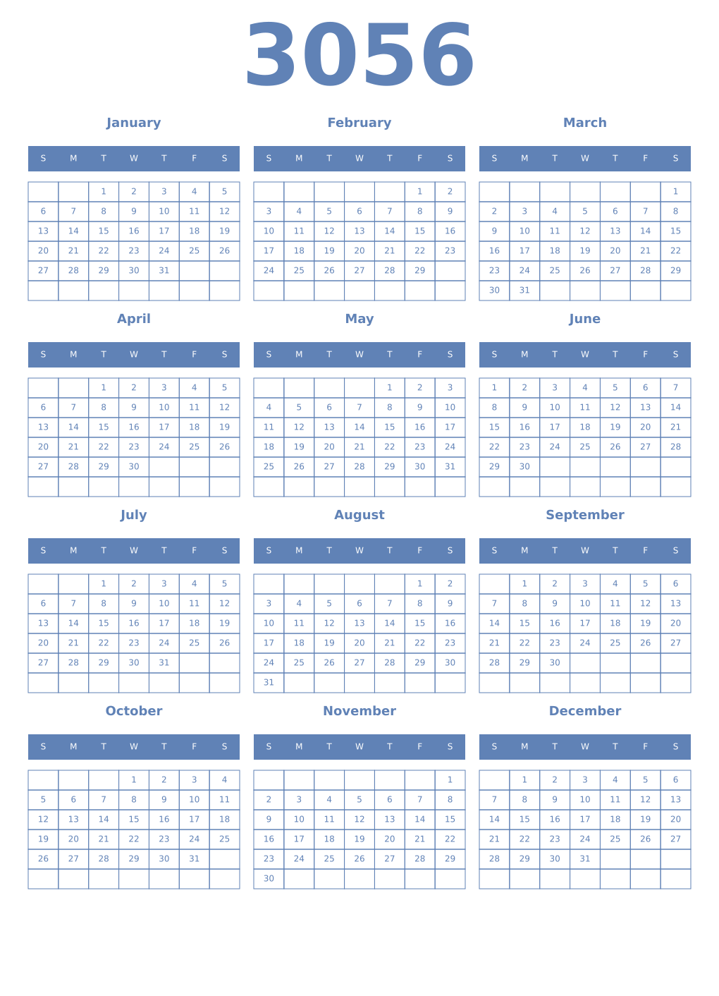 Printable 3056 Year Calendars glaucous