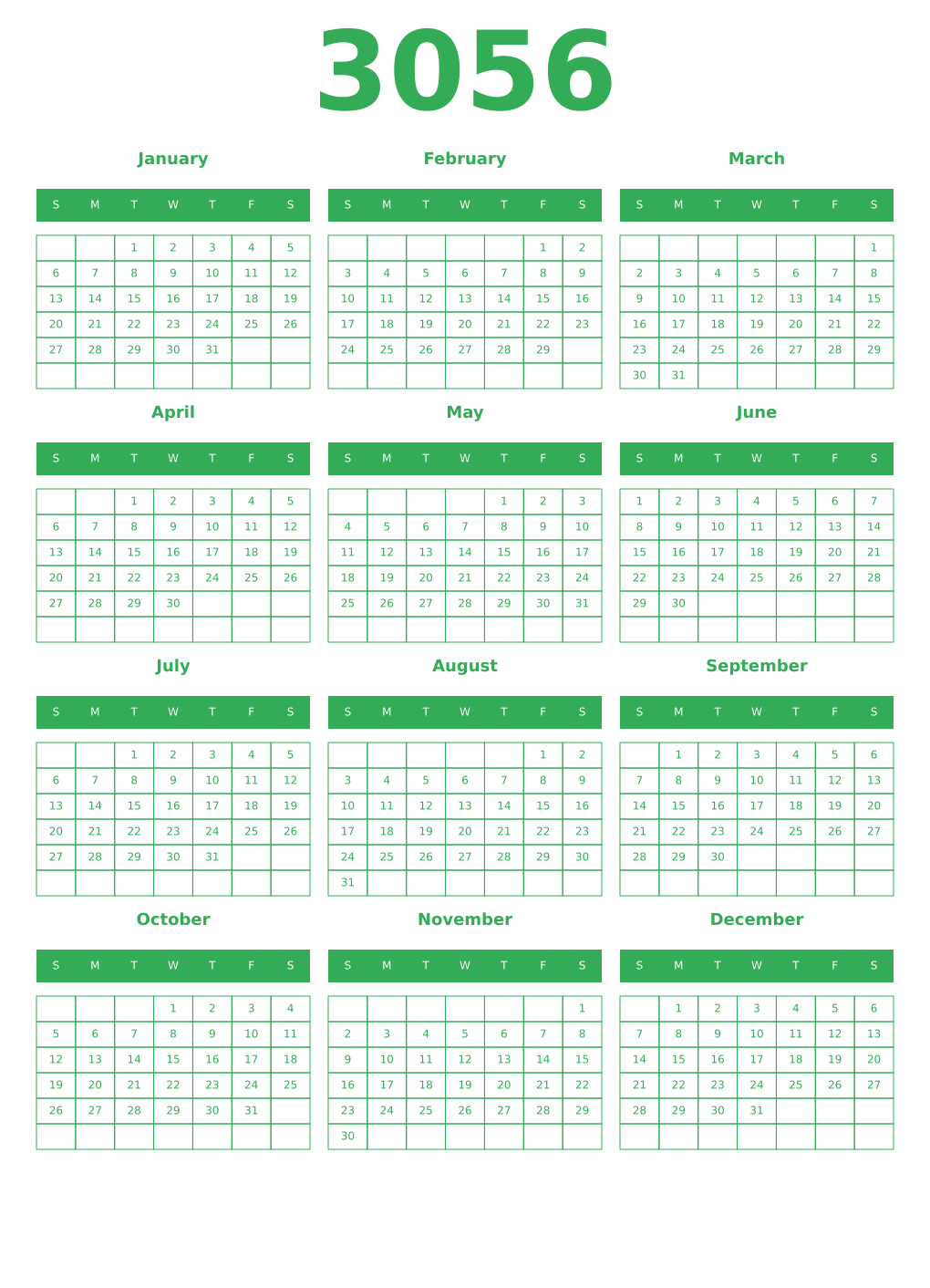 Printable 3056 Year Calendars green