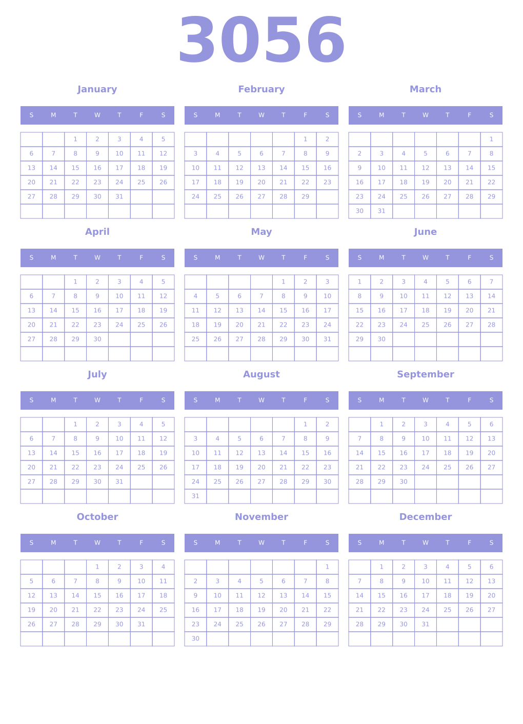 Printable 3056 Year Calendars periwinkle