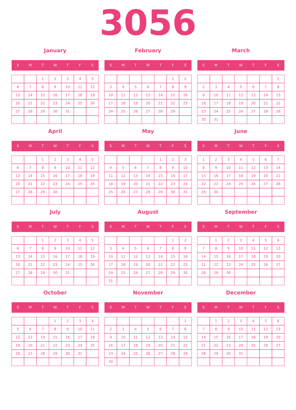 Printable 3056 Year Calendars pink