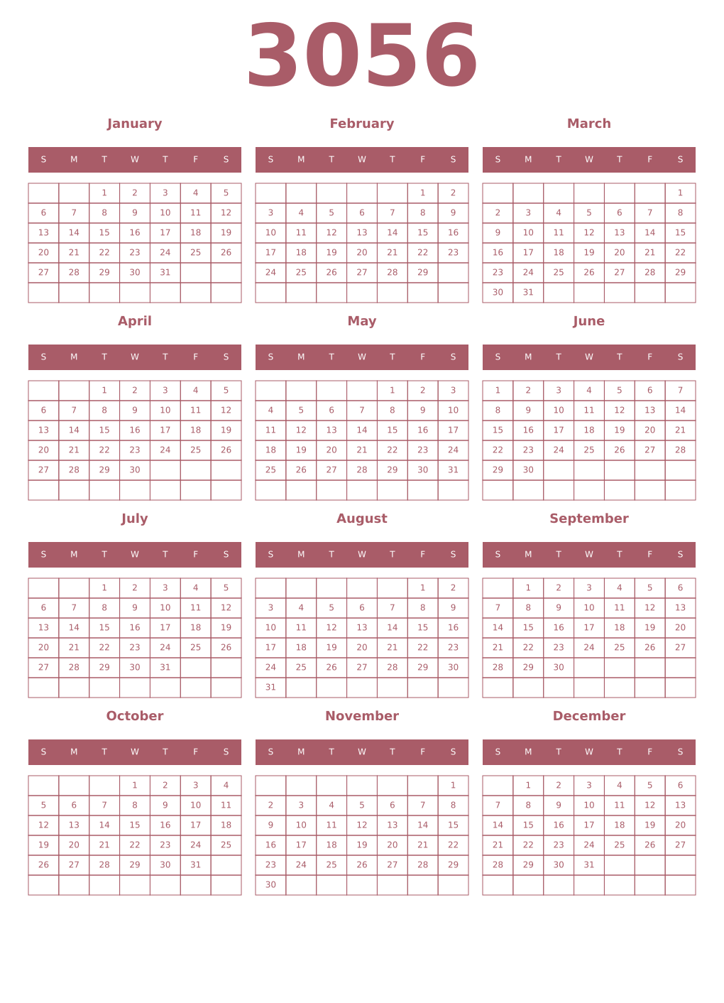 Printable 3056 Year Calendars puce