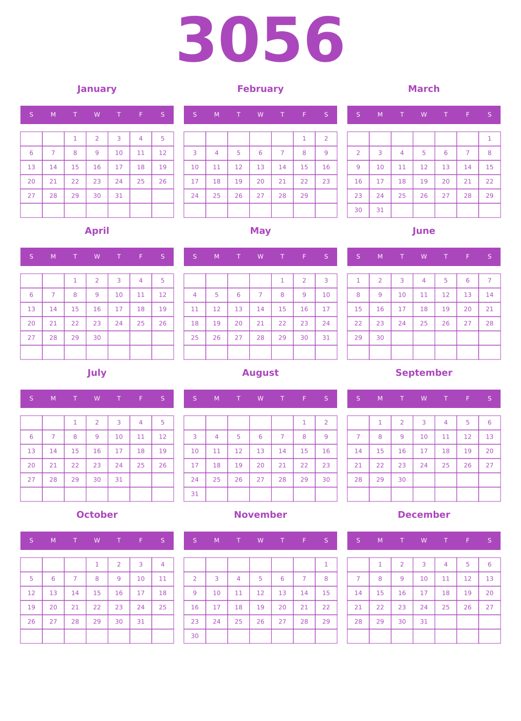 Printable 3056 Year Calendars purple