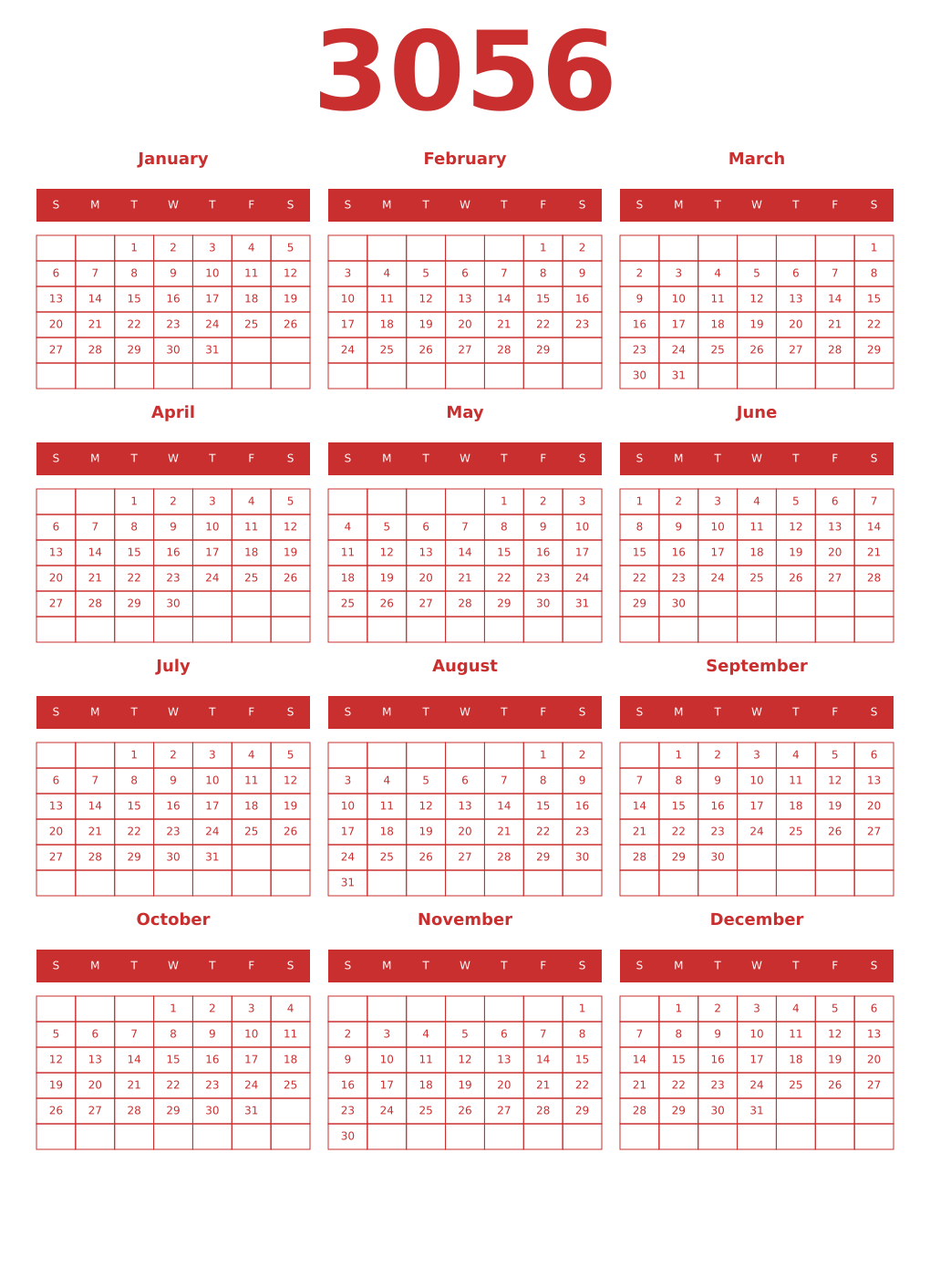Printable 3056 Year Calendars red