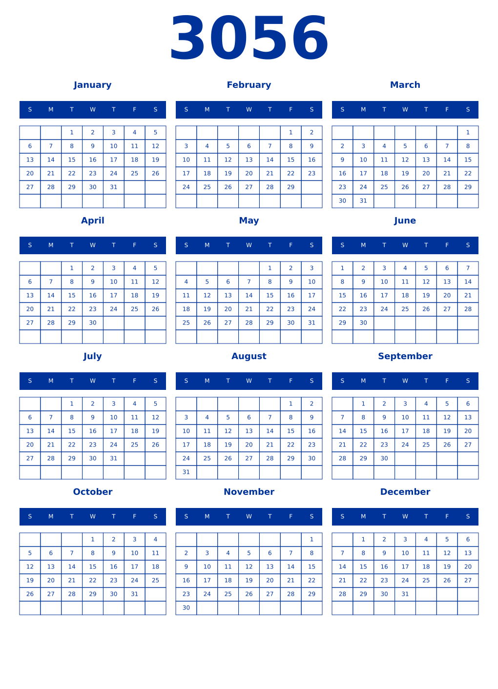 Printable 3056 Year Calendars smalt