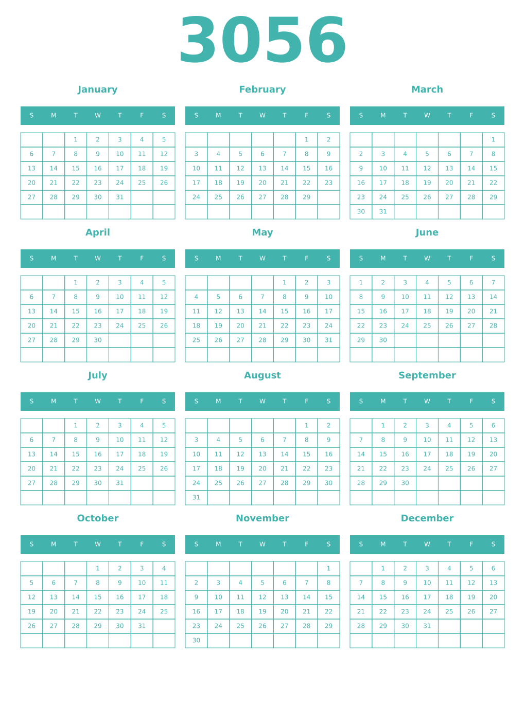 Printable 3056 Year Calendars verdigris