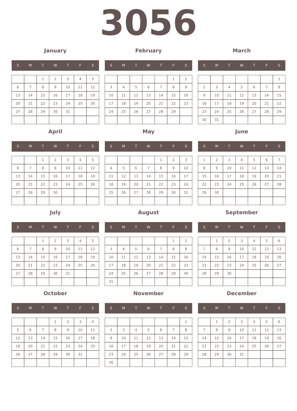 Printable 3056 Year Calendars wenge