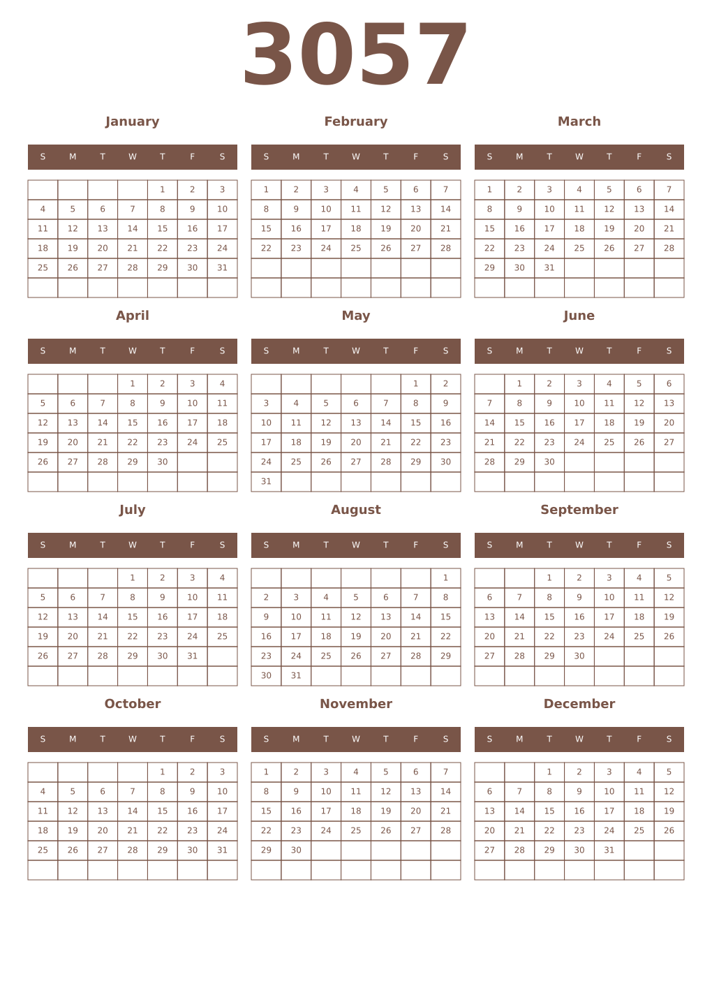 Printable 3057 Year Calendars coffe