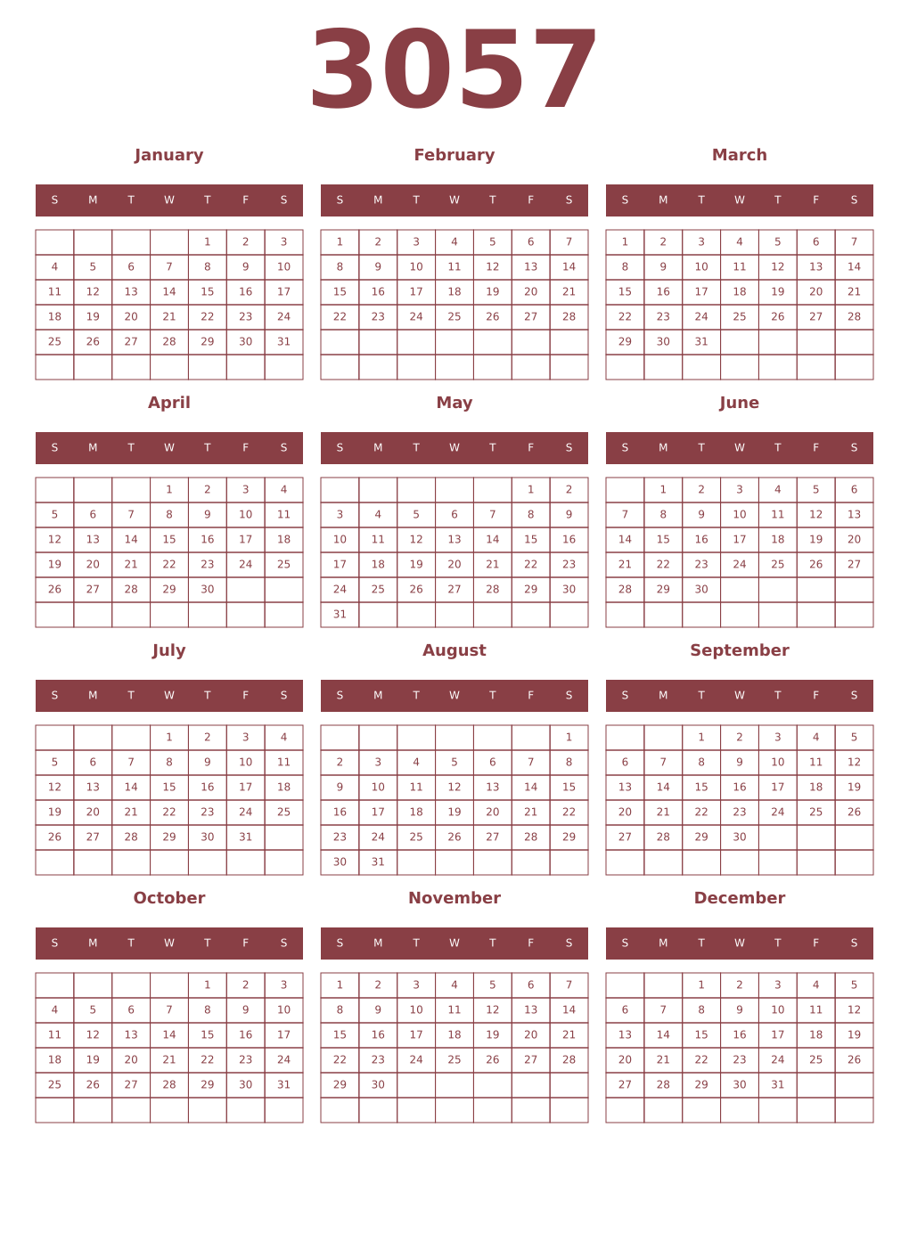 Printable 3057 Year Calendars cordovan