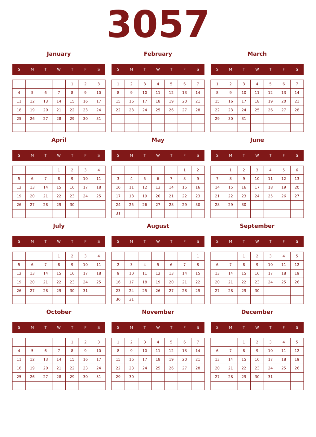 Printable 3057 Year Calendars falu