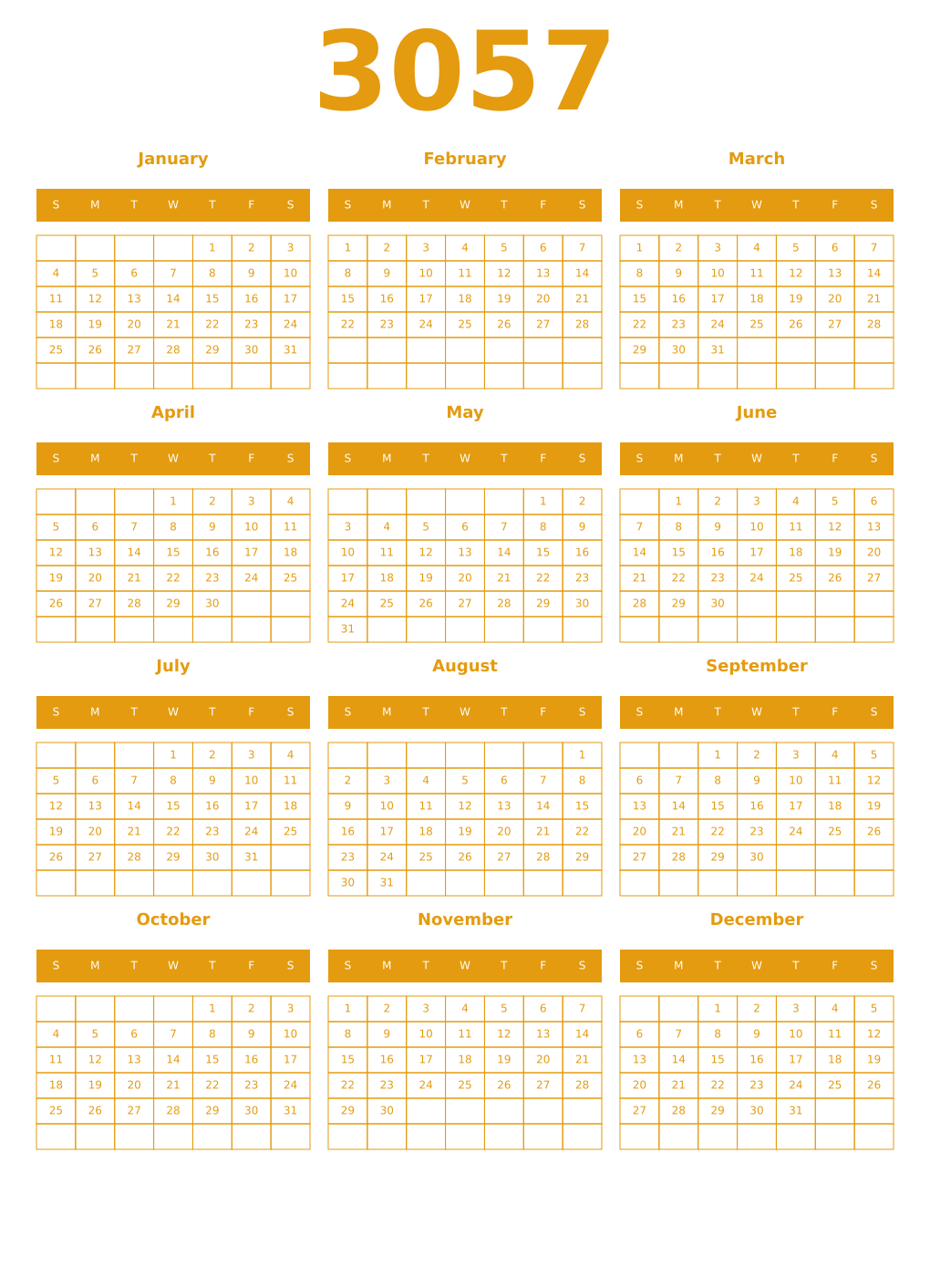 Printable 3057 Year Calendars gamboge