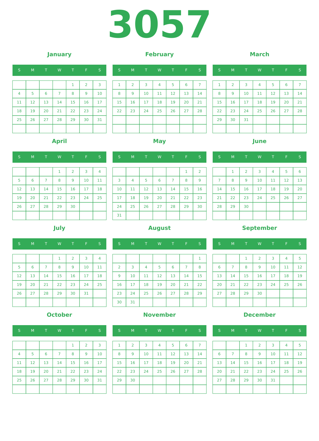 Printable 3057 Year Calendars green