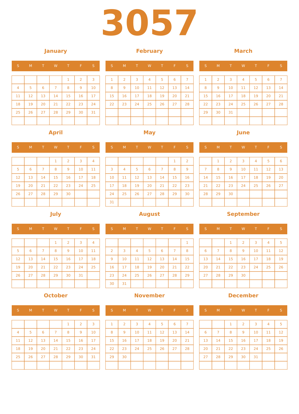 Printable 3057 Year Calendars orange