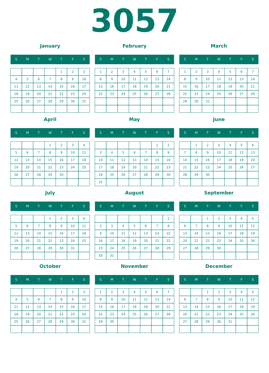 Printable 3057 Year Calendars pastel