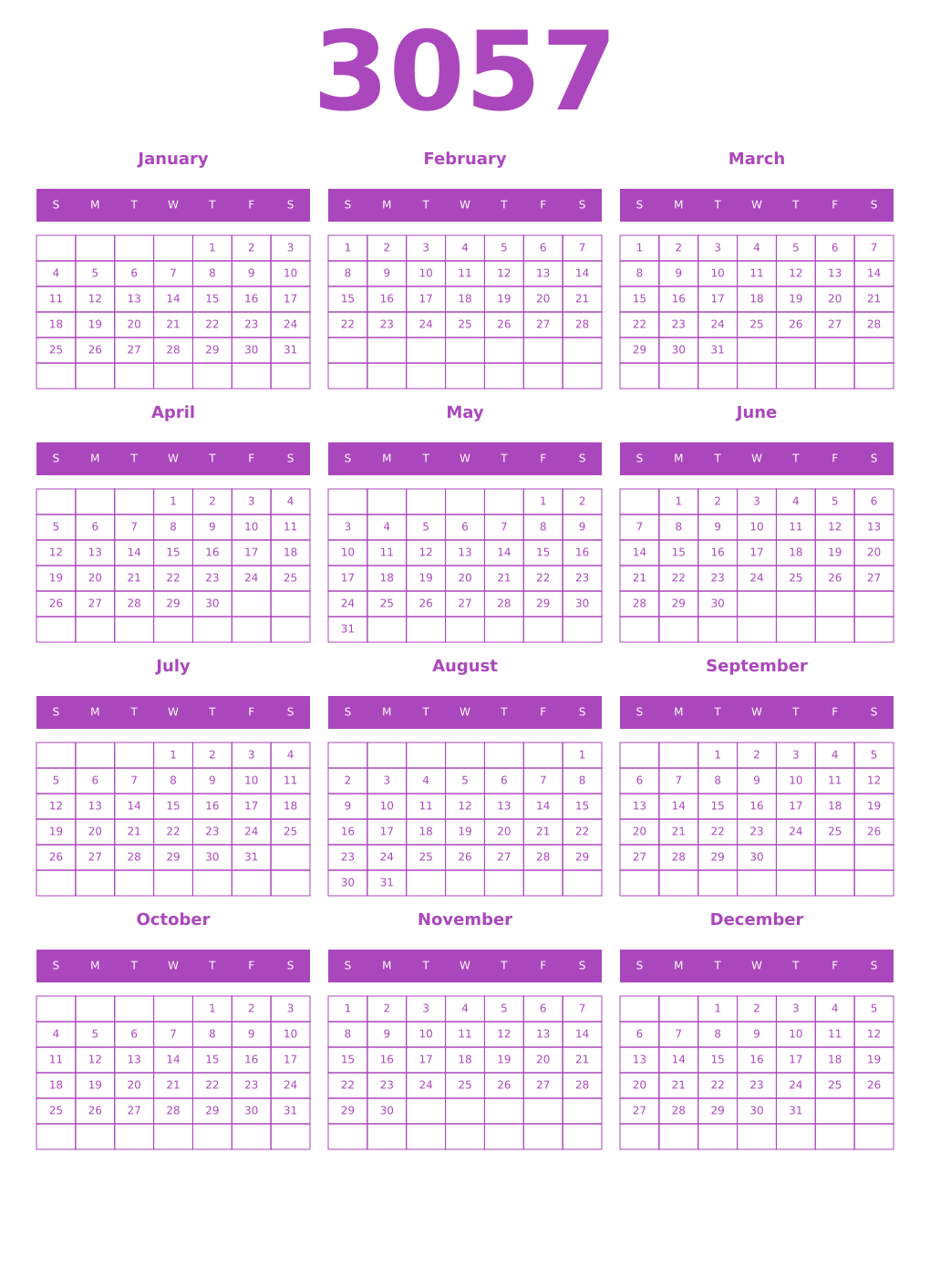 Printable 3057 Year Calendars purple