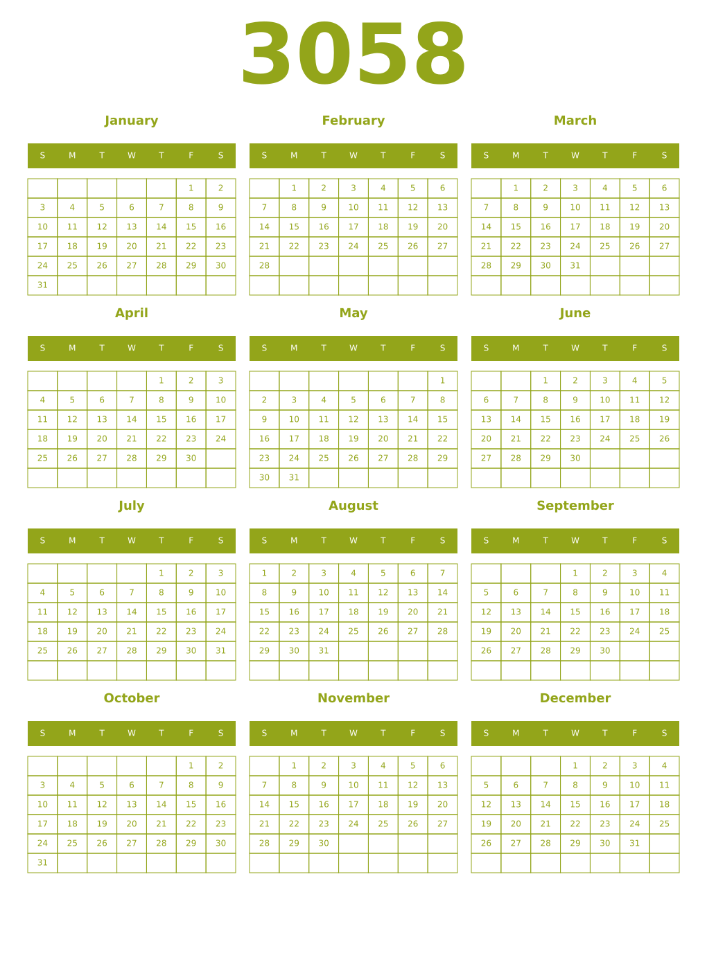 Printable 3058 Year Calendars chartreuse