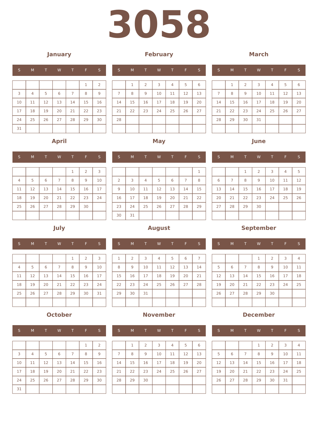 Printable 3058 Year Calendars coffe