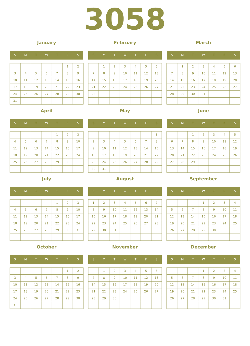 Printable 3058 Year Calendars eburnean
