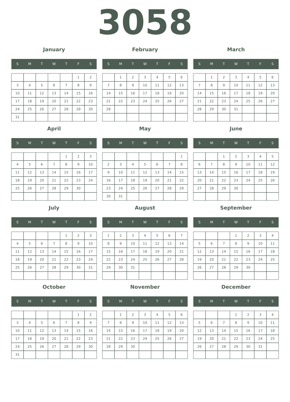 Printable 3058 Year Calendars feldgrau