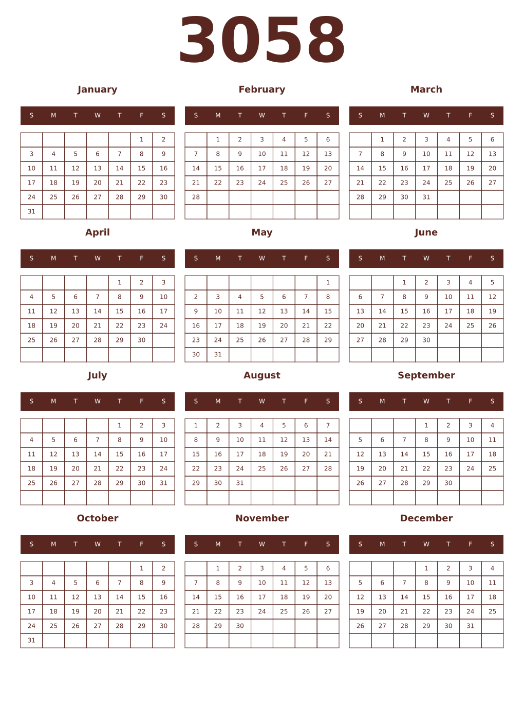 Printable 3058 Year Calendars mortuum