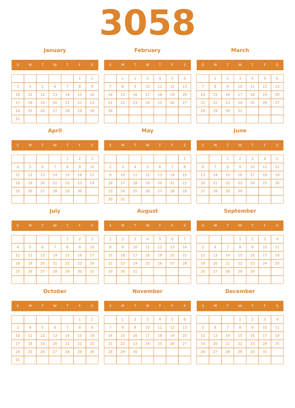 Printable 3058 Year Calendars orange