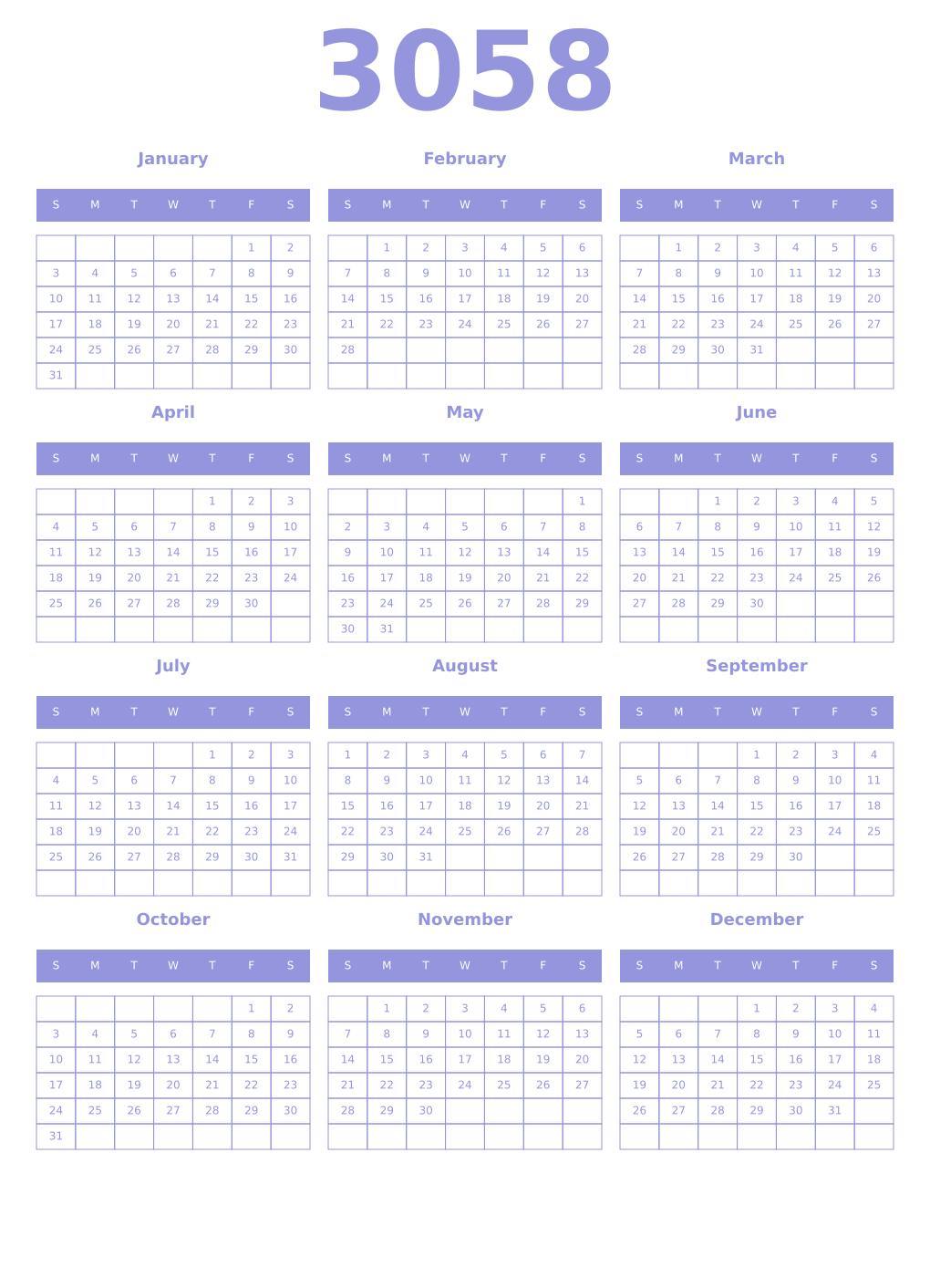 Printable 3058 Year Calendars periwinkle