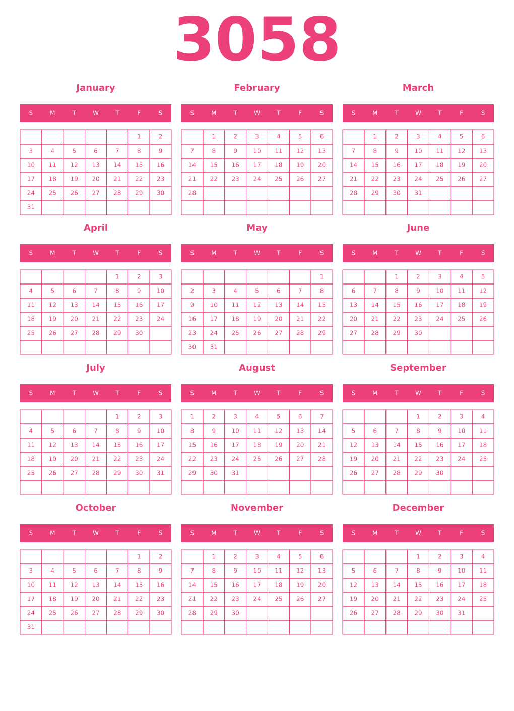 Printable 3058 Year Calendars pink